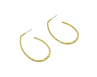 Hammered Wire Open Hoop Earring Stud - Raw Brass Hoop Earring Post - Oval Hammered Hoop Earring Post - Textured Post - 53x34x1.45mm- PP9232