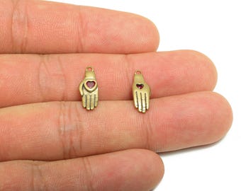 Brass Symbol of Love Earring Charm - Raw Brass Zircon Hand  Pink Heart Gem Earring - Love Pendant - Artistic Pendant - 16x6x6mm - PP10939