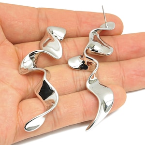 Curvy Abstract Earring Stud - Brass Twisted Gold Earring Post -  Ripple Earring Stud - 18K Real White Gold Plated - 68x24x6.7mm - RGP9646S