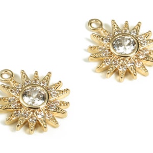 Brass Sun Earring Charms With Zircons - Gold Sun Pendant - 18K Real Gold Plated Brass - Jewelry Making Supplies - 13.09x10.7x2.8mm - RGP3572