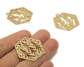 Brass Hexagon Forest Charms - Raw Brass Hexagon Winter Tree Cutout Earrings Charms - Laser Cut Charms - 34.84x34.06x0.64mm - PPA4452