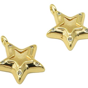 Brass Star Earring - Brass Star Cubic Zircon Earrings Charm - Star for Necklace Pendant - 18K Real Gold Plated- 16.26x14x1.35mm-RGP6297