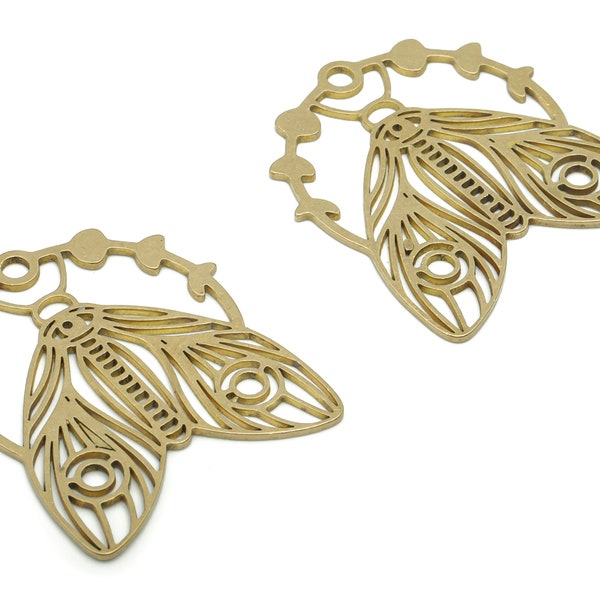 Brass Moth Earring Charms - Raw Brass Moth Phase of Moon Pendant - Jewelry Making Supplies - 34.72x30.33x0.86mm - PPZ0083