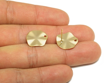 Brass Lotus Leaf Earring Stud - Gold Wave Round Earring Post for Girls - Daily Wear Earring - 18K Real Gold Plated -14.8x13.5x1.3mm -RGP8926