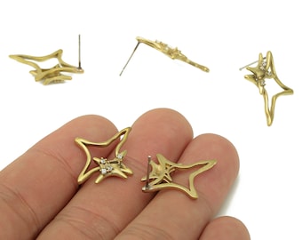 Örhängen i planetform i mässing med zirkon - Nordstjärneörhänge i rå mässing - Ihåligt örhänge - 316 rostfritt stål - 24,3x18,9x3,1 mm - PP8121