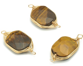 Tiger Eye Faceted Natural Stone Earring Connectors - Brass