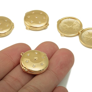 Brass Star locket Charm - Brass Gold Round Locket Charm - 18K Real Gold Locket Pendant - Jewelry Making - 23x23x6.2mm - RGP6667 image 1