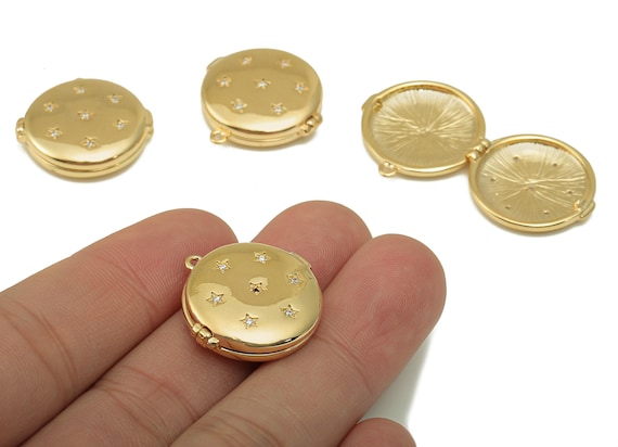 Brass Star locket Charm - Brass Gold Round Locket Charm - 18K Real Gold Locket Pendant - Jewelry Making - 23x23x6.2mm - RGP6667