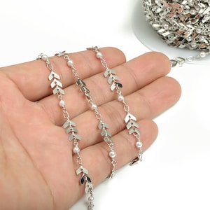 Pearl Satellite Arrow Chain - Silver Tone Plated Brass Chain - Soldered Beaded Chain - For Necklace Bracelet 0.26&quot;x0.25&quot;x0.02&quot; CC1216S