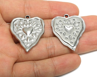 Stainless Steel Heart Charms - Hammered Modern Heart Pendant for Necklace - Romantic Heart Jewelry - Steel Finding - 35.97x29x2mm - SS1883