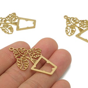 Brass Monstera Earring Pendant -Raw Brass Flower Pot Pendant - Raw Brass Leaves Pendant - 41.81x26.93x0.9mm - PPA4147