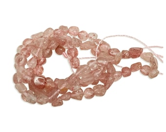 May include: Strand of tumbled strawberry quartz beads. The beads are a mix of translucent pink and reddish-pink hues, with a slightly irregular shape. The beads are strung on a light pink string, suitable for jewelry making.