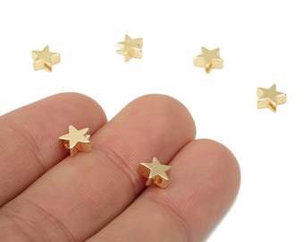 Perles étoilées dorées - Perles étoiles intercalaires en laiton - Perles de bracelet - Laiton plaqué or véritable 18 carats - Accessoires pour fabrication de bijoux - 6,8 x 6,8 x 3,04 mm - RGP4499