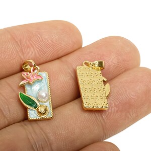Brass Rectangle Enamel Lotus Pendant - Faux Pearl Detail - Multicolor Enamel Charm With Bail - Vintage Botanical Charm - 20x10x5mm -RGP11201