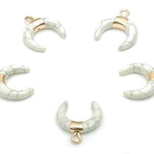 Howlite Natural Stone Ox Horn Earring Charms - Brass Crescent Pendant - Gold Tone Plated Brass – Jewelry Supplies - 16.9x14.8x3.8mm– NS1628A