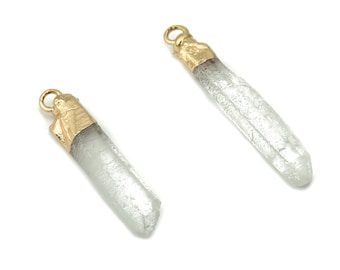 Rock Crystal Spike Charms - Brass Strip Pendant - Natural Stone - Gold Tone Plated Brass – Jewelry Supplies - 40.42x5.97x4.99mm – NS1548
