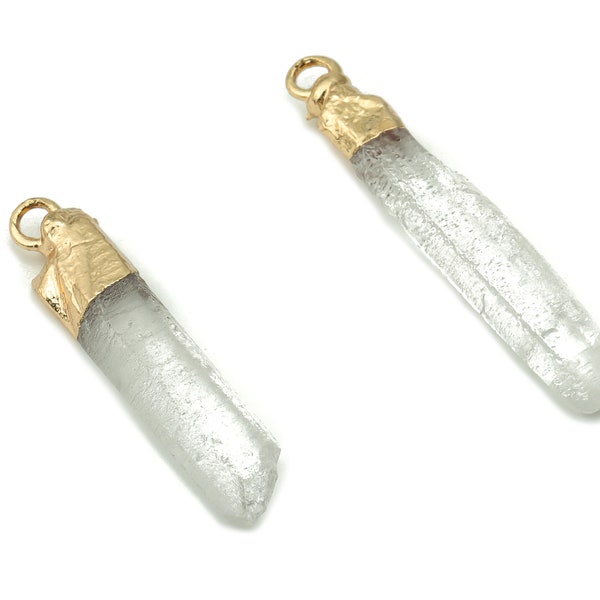 Rock Crystal Spike Charms - Brass Strip Pendant - Natural Stone - Gold Tone Plated Brass – Jewelry Supplies - 40.42x5.97x4.99mm – NS1548