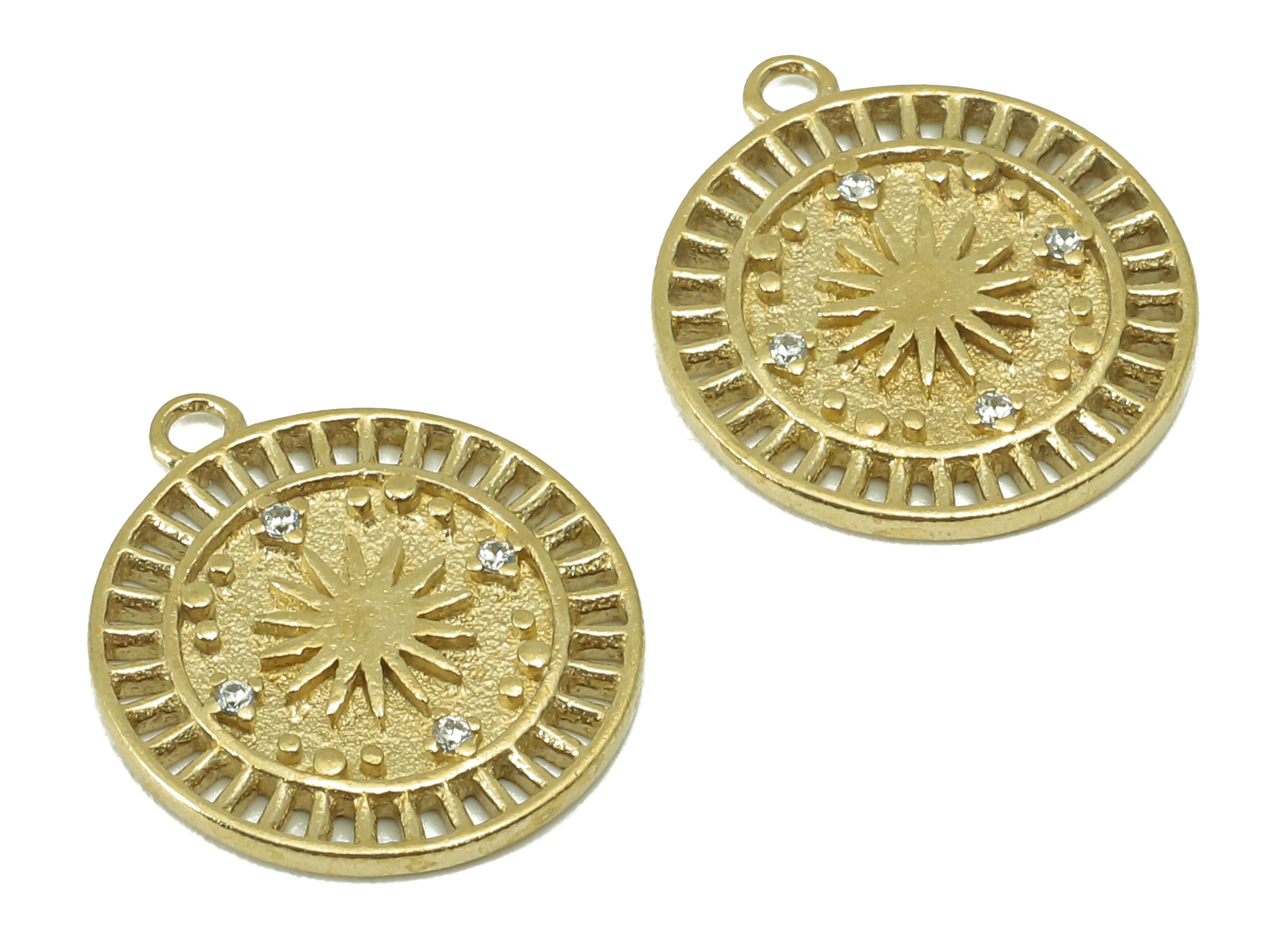 Brass Round Earring Charms-raw Brass Sun Charm-cubic Zircon