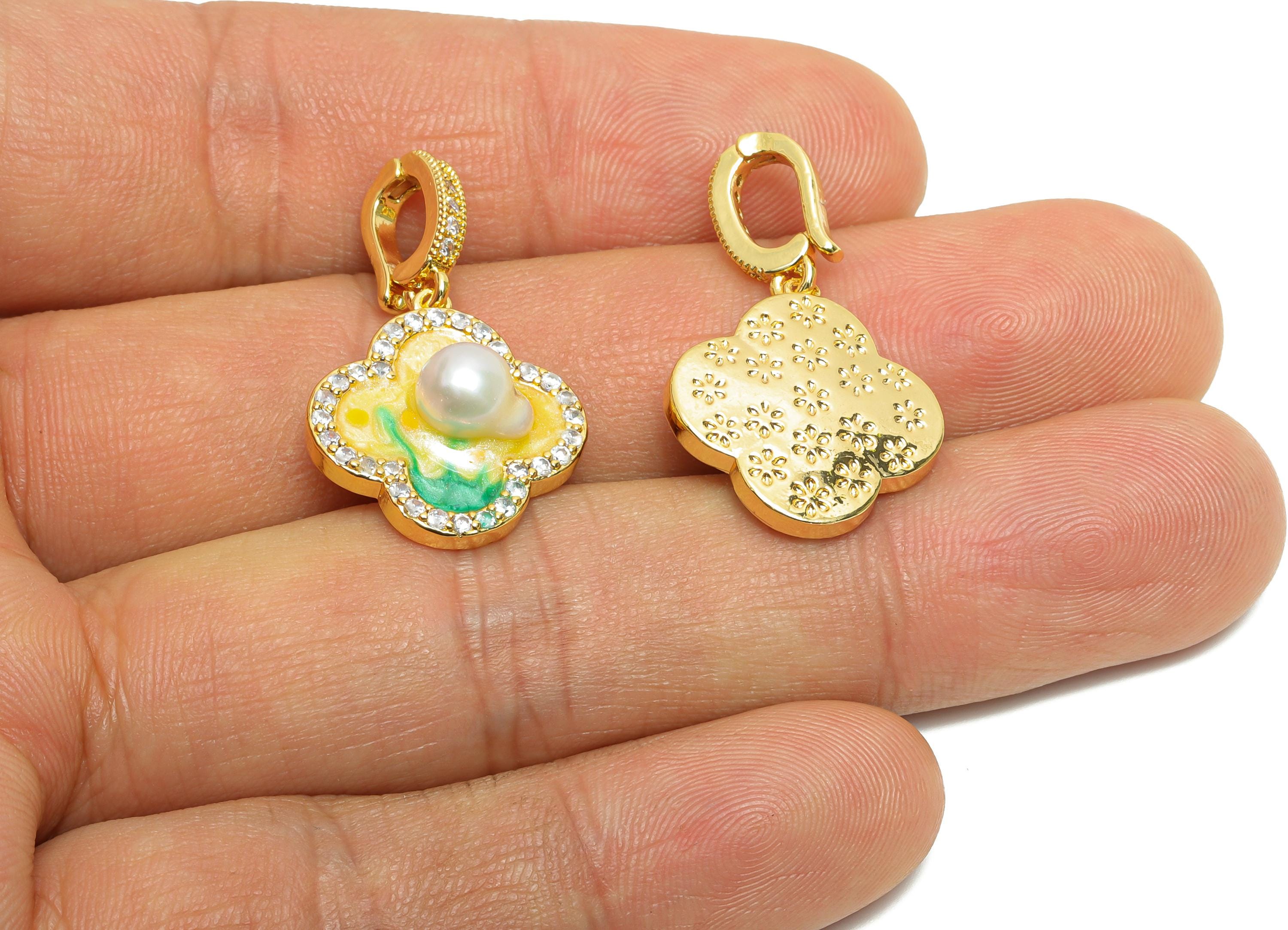 Brass Clover Pendant - Brass Colorful Enamel Pearl Zircon