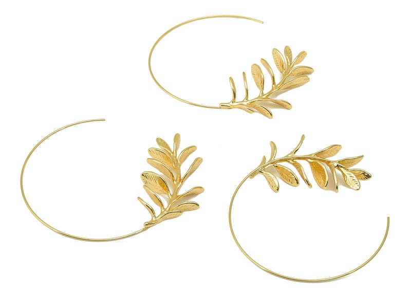 Brass Branch Earring Stud Brass Open Hoop Leaf Earring Post Botanical Post Wire Branch Hoop 18K Real Gold Plated 53x55x1mm RGP6259 image 2