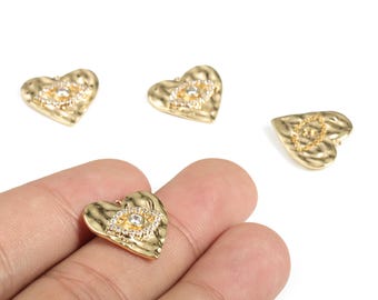 Brass Heart Eye Earring Charms With Zircons - Gold Heart Eye Pendant - 18K Real Gold Plated Brass - 17.34x16.89x2.73mm - RGP3114