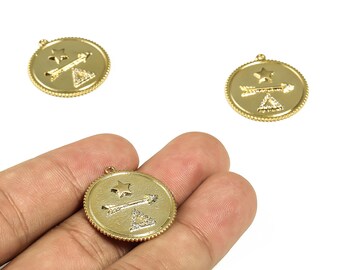 Brass Round Earring Charm – Circle Zircon Arrow Pendant Charm - 18k Real Gold Plated Brass - Jewelry Supplies - 24.96x23.28x2.08mm - RGP3084