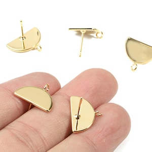 Brass Half Moon Earring Stud With Loop - Gold Semicircle Earring Post - 18K Real Gold Plated Brass - 16.29x12.52x1.1mm - RGP2574