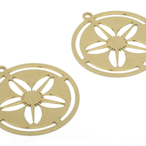 Brass Round Flower Earring Charms - Raw Brass Sun Circle Pendant - DIY Jewelry Making Supplies - 34.86x31.87x0.65mm - PPA2803