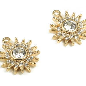 Brass Sun Earring Charms With Zircons - Gold Sun Pendant - 18K Real Gold Plated Brass - Jewelry Making Supplies - 12.96x10.9x2.8mm - RGP3697
