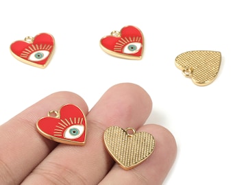Gold Brass Red Heart Enamel  Eye Earring Charms - 18K Real Gold Plated Eye Pendant - Jewelry Supplies - 16.88x16.13x1.64mm - RGP2662