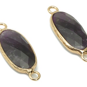 Amethyst Long Oval Earring Connector - Brass Oval Charms and Bracelet - Natural Stone - Gold Tone Plated Brass – 29.91x11.53x5.8mm - NS1698F
