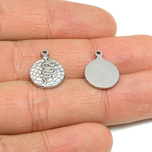 May include: Two silver metal charms. One is a flat circle with a textured surface and a snake design. The other is a plain, flat circle. Both have a small loop at the top for attaching to a chain or other jewellery.