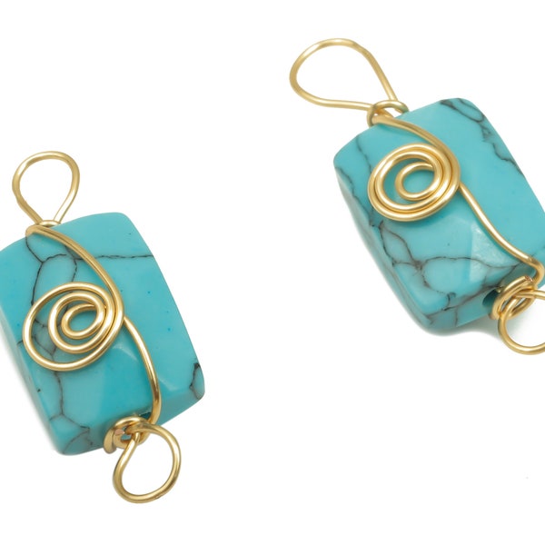 Connecteur de boucle d’oreille turquoise - Pendentif rectangle enveloppé de fil de laiton - Pierre naturelle à facettes - Placage de ton or - 19.85x7.44x7.01mm - NS1863E