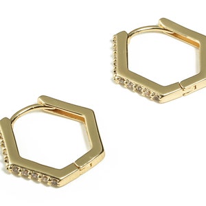 Brass Hexagon Hoop Earrings - Brass Studs Earrings - Geometric Earrings with Zircon - 18K Real Gold Plated Brass -17.36x15.62x2.1mm- RGP3206