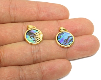 Abalone Shell Pendant - Brass CZ Gold Sun Motif Pendant - Bohemian Sunburst Abalone With Bail - 18K Real Gold Plated - 16x14x5mm - RGP10632