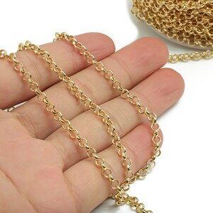 May include: A gold chain with a round link design. The chain is shown in a hand, with the chain folded in thirds.