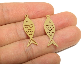 Brass Fish Earring Charm - Raw Brass Hollow Marine Life Pendant - Geometric Fish Design Charm - Jewelry Supplies - 32x9.5x0.8mm - PP11496