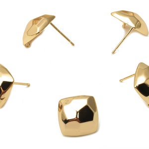 Brass Square Earrings Posts - Faceted Square Earring With Loop - 925 Silver Stud - 18K Real Gold Plated Brass - 16.02x15.5x0.94mm - RGP5066