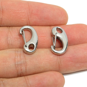 May include: Two polished, silver-colored carabiner clasps. Each clasp has a curved body with a spring-loaded gate and a small hole. The clasps are shown against a skin-toned background.