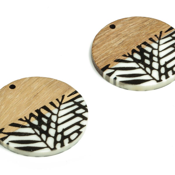 Walnut Wood Round Earring Charms - Resin Circle Pendant - Gray White&Coffee Resin Round - Jewelry Supplies - 34.98x34.98x2.93mm - BB1105