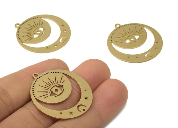 Evil Eye Pendent Charms - Raw Brass Moon and Evil Eye Earring Charms - Brass Laser Cut Crescent Pendant Charm -34.76x31.99x0.75mm- PPA4004