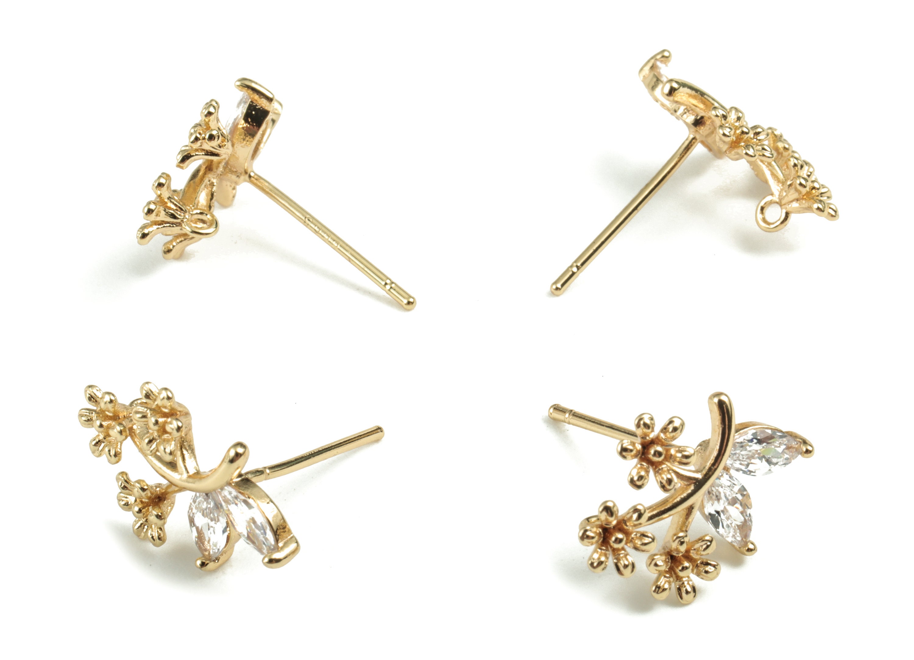 Brass Flower Earring Stud With Zircon - Gold Flower Earring