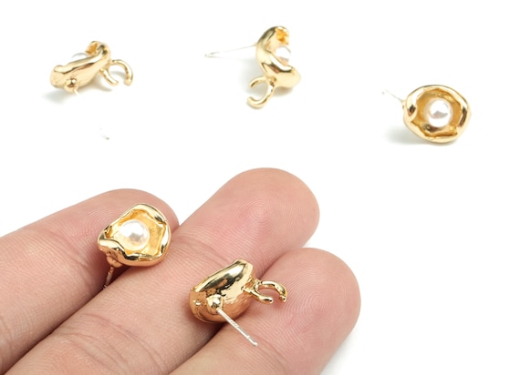 Alloy Pearl Earring Stud - Gold Alloy Pearl Earring Post With Loop - Gold Tone Plated Alloy - Jewelry Supplies - 11.26x9.84x6.07mm - ZZ1744