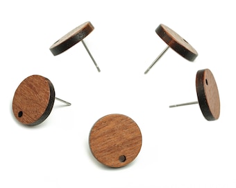 Walnut Wood Round Earring Stud - Walnut Wood Circle Post - 316 Stainless Steel - Jewelry Making Supplies - 15.14x15.14x2.9mm - BB1110