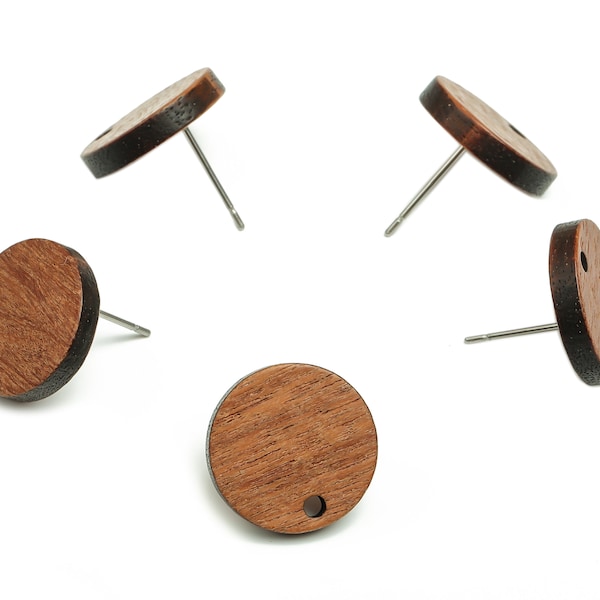 Walnut Wood Round Earring Stud - Walnut Wood Circle Post - 316 Stainless Steel - Jewelry Making Supplies - 15.14x15.14x2.9mm - BB1110