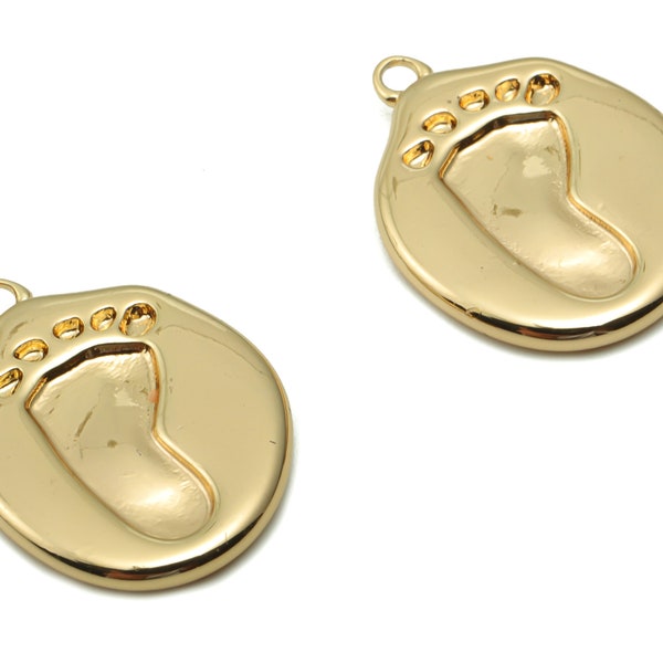 Brass Round Footprint Earring Charms - Gold Circle Footprint Pendant - 18K Real Gold Plated Brass - 18.41x13.76x1.84mm - RGP4199