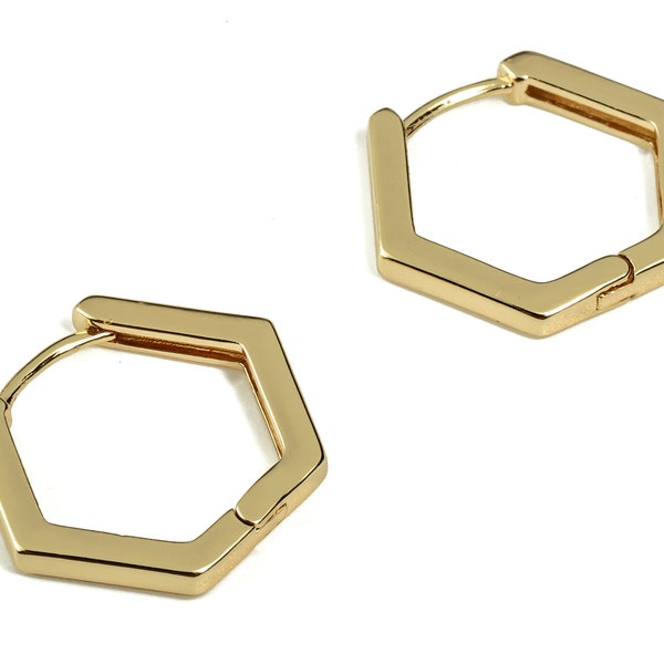 Brass Hexagon Hoop Earrings - Brass Studs Earrings - Geometric Hoop Earrings - 18K Gold Plated Brass Earrings -18.02x15.05x2.11mm- RGP3276