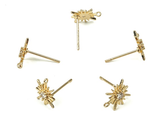 Brass Flower Earring Stud With Zircons - Gold Flower Post