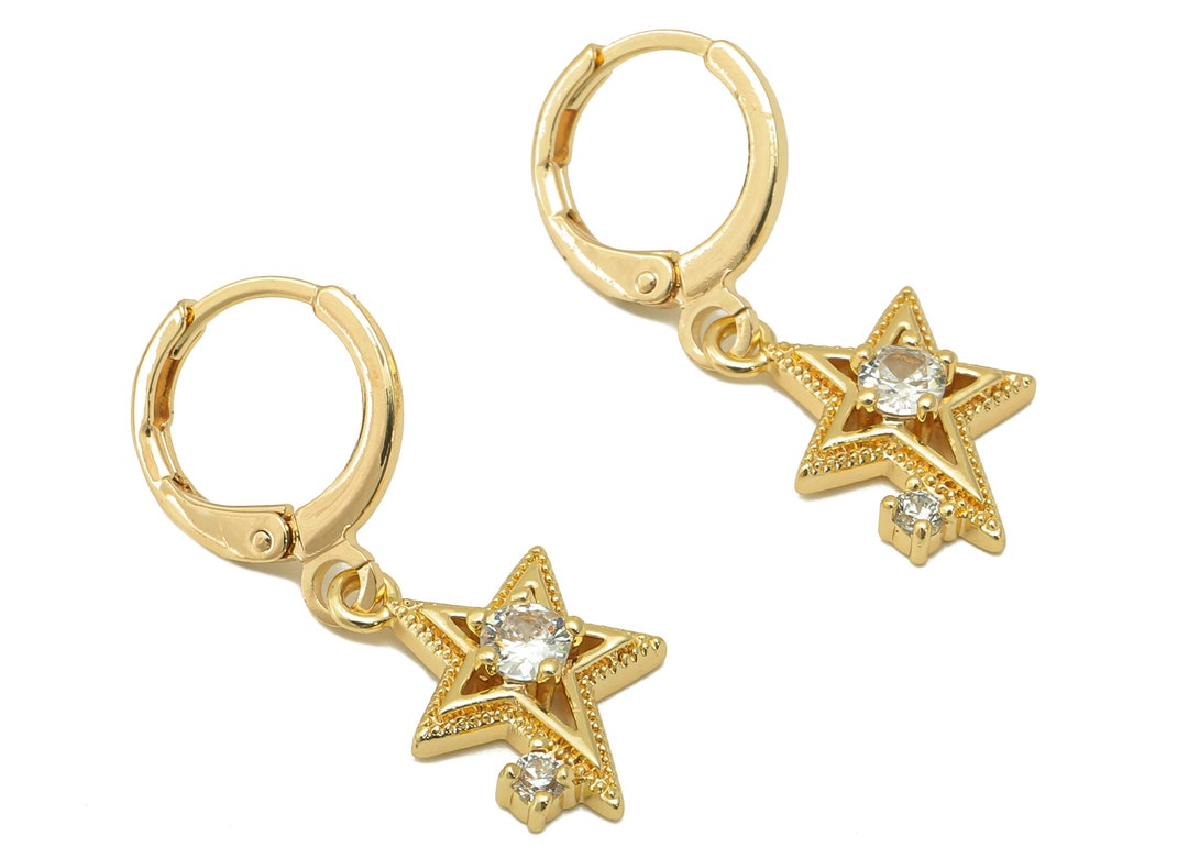 Brass Clasp Earring Star Lever Back Earring Cubic Zirconia Solitaire