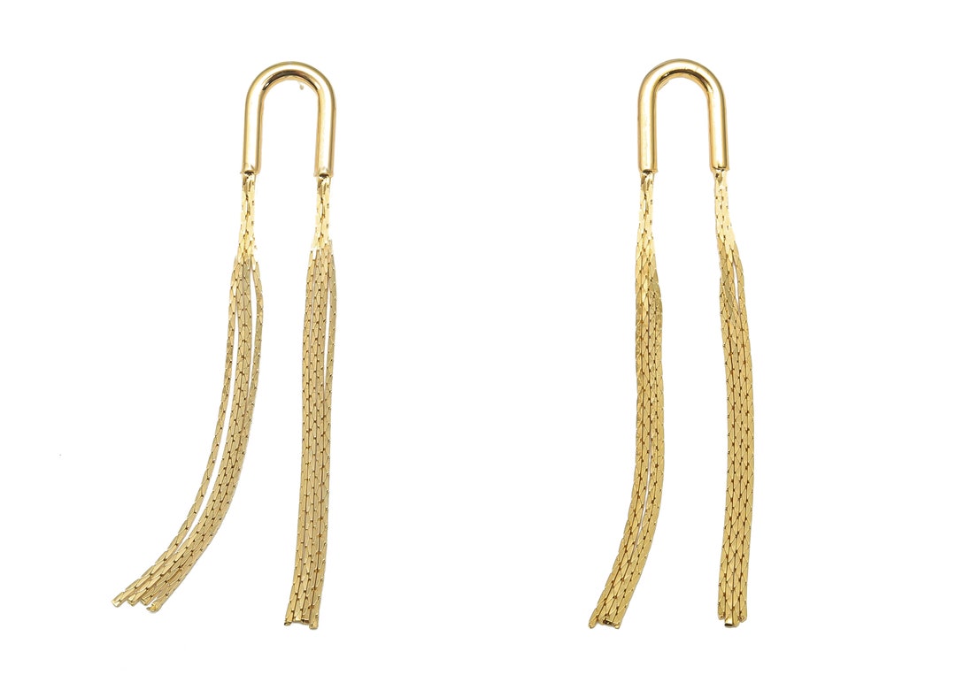 Gold Horseshoe Chain Tassel Stud Earring U Ear Post Brass Etsy